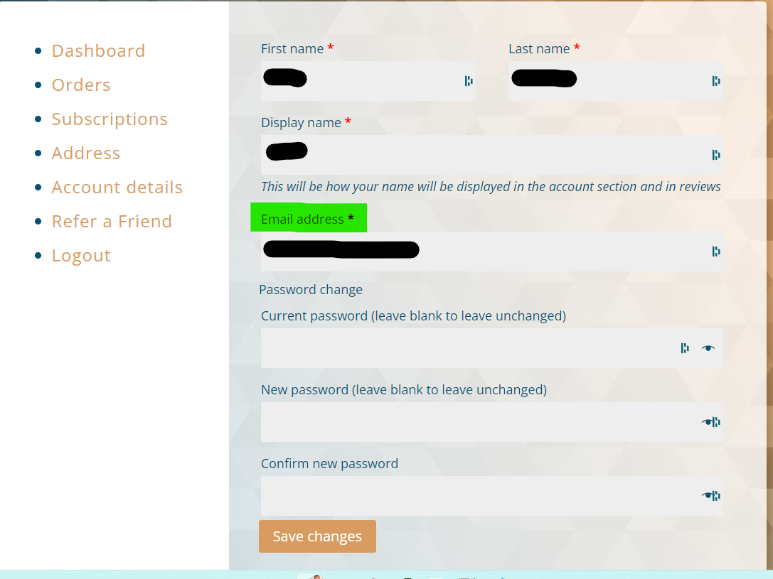 account details screen